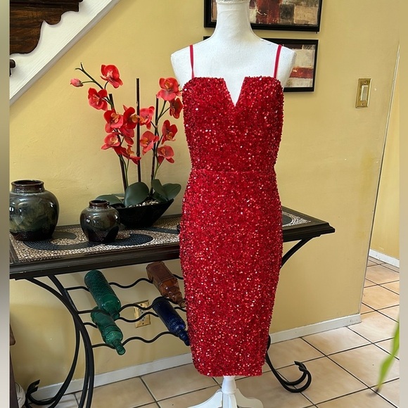 Women’s Red Sequin Thigh Slit Sleeveless Spaghetti Strap Cocktail Party Dress XL - Picture 2 of 14